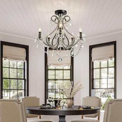 WUZUPS 5-Light Crystal Candle Chandelier Flushmount Ceiling Light Modern Lighting Fixture for Bedroom Hallway Bar Kitchen Bathroom, H 20.9" W 22", E12 Base, Black