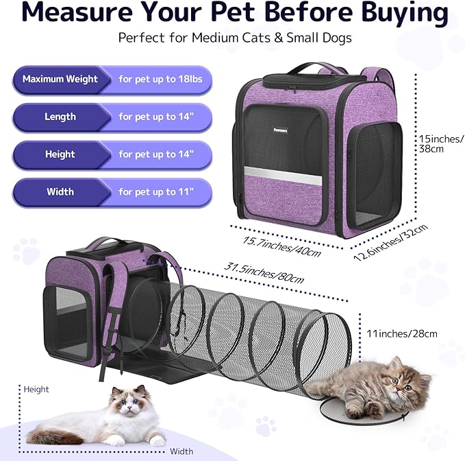 Pawtners Cat Carrier Backpacks Expandable Cat Backpack with Breathable Mesh, Pet Carrier Backpack for Cats Small Dogs Puppies Up to 18 Lbs, Dog Carrier Backpack for Travel Hiking Camping Outdoor-Mewly Pet