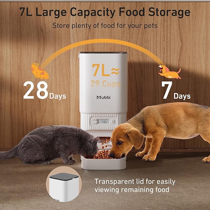 Automatic Cat Feeders, 7L/29 Cups Automatic Dog Feeder with Desiccant Bag, 1-6 Meals Ideal for 2-15mm Dry Food, Suitble for Multiple Pets, Dual Power Supply, Detachable Washable-Mewly Pet