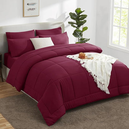 CozyLux King Size Comforter Set Burgundy, 7 Pieces Bed in a Bag, Red Comforter King Size, All Season Bedding Sets with Stitch Quilted Comforter, Flat Sheet, Fitted Sheet, Pillowcases
