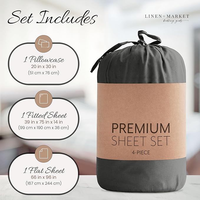 Linen Market Brushed Microfiber Twin XL Sheet Set 3 Piece – Oeko-TEX Certified Ultra Soft & Wrinkle-Free - 16" Deep Pocket Sheets - Easy Care Twin XL Size - Gray