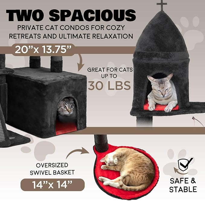 Large Cat Tree Tower for Large Cats, Cat Scratching Post, Self Grooming Post, Interactive Cat Toys, Oversized Perch and Basket, Heavy Duty 72", Black and Red-Mewly Pet