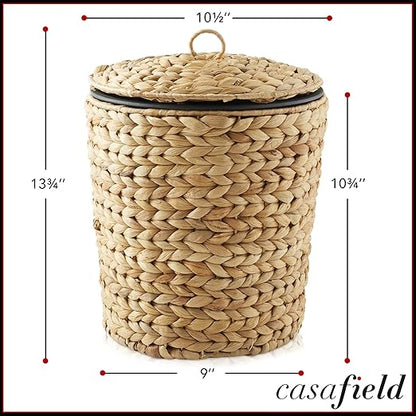 Casafield Water Hyacinth Trash Can with Lid and Liner - Natural, Woven Waste Basket for Bathroom, Bedroom, Laundry Room, Home Office