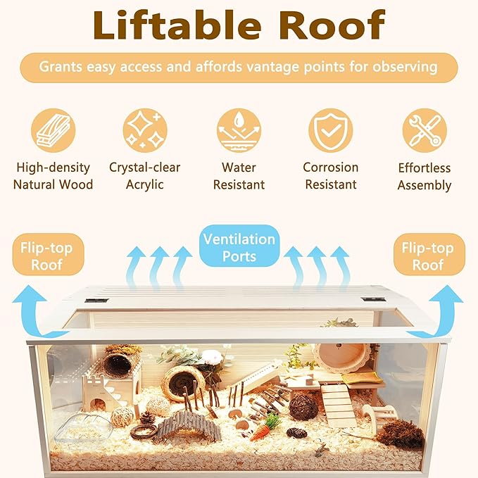 Prolee Hamster Cage Wooden Chew Proof, Extra Large Mice and Rat Habitat Openable Top with Acrylic Sheets Solid Built Small Animal Cage with Leg Stands, 48 Inch Long-Mewly Pet