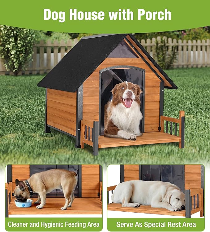 Large Dog House Outdoor Weatherproof with Porch, All-Metal Frame Chew-Proof Dog Kennel with Asphalt Roof, for Small Medium Large Dogs-Mewly Pet