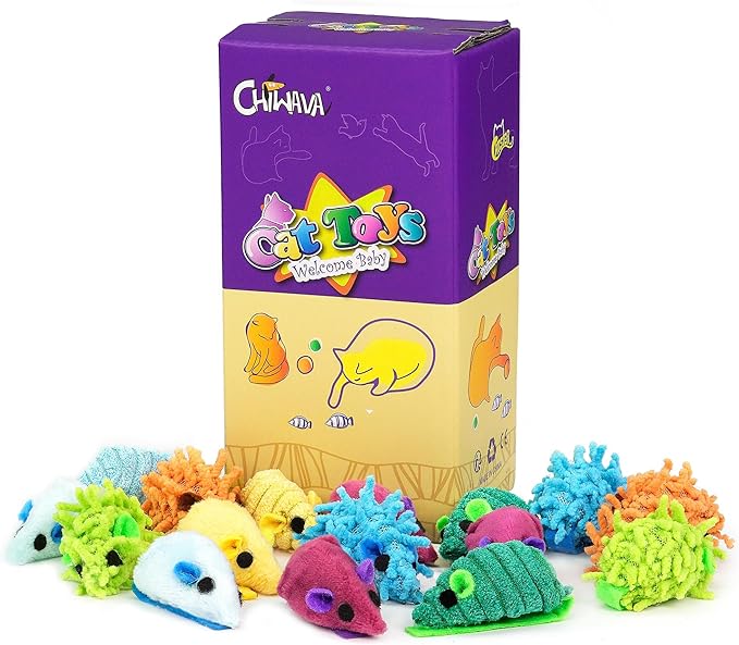 CHIWAVA 27PCS 2" Striped Shaggy Cat Toy Mice with Rattle Assorted Small Mouse Interactive Play for Indoor Cats Mix Color-Mewly Pet