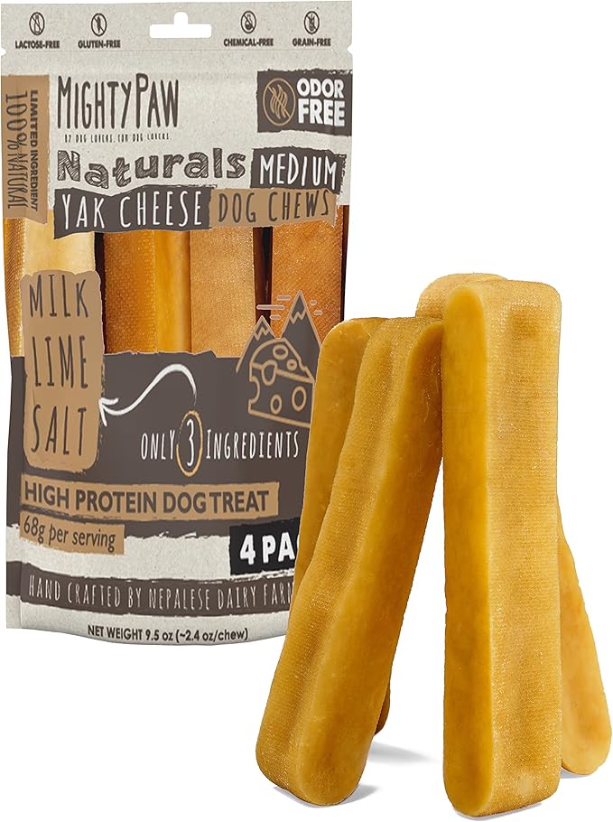 Mighty Paw Yak Cheese Chews for Dogs - All-Natural Long Lasting Pet Treats - Odorless Limited-Ingredient Chews for Puppies & Power-Chewers (Medium, 4 Pack)-Mewly Pet