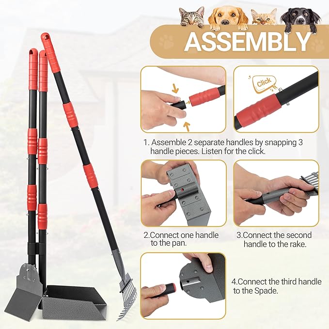 Heeyoo Dog Pooper Scooper, Dog Poop Tray and Rake Set, Pet Waste Removal Scoop with Long Adjustable Sectional Stainless Handles-Mewly Pet