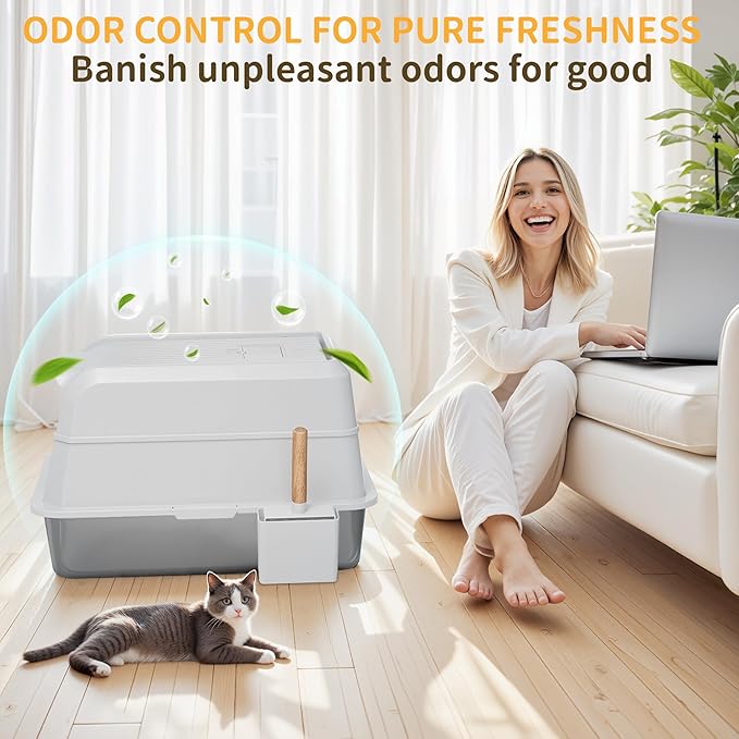 Stainless Steel Litter Box with Lid, XL Extra Large Cat Litter Box, Enclosed Metal Litter Pan with High Sided Enclosure & Scoop, Anti Leakage, Easy to Clean, Odor Control (White)-Mewly Pet