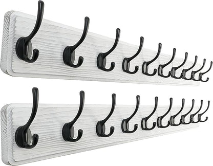 SKOLOO Rustic Wall Mounted Coat Rack, Case of 2, Pine Solid Wood Coat Hook Hanger - 10 Hooks for Hanging Clothes Robes Towels Coats