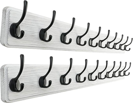 SKOLOO Rustic Wall Mounted Coat Rack, Case of 2, Pine Solid Wood Coat Hook Hanger - 10 Hooks for Hanging Clothes Robes Towels Coats