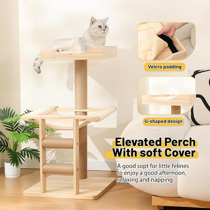 KVIDA Extra-Sturdy Wooden Cat Tree for Large Cats – Modern 3-Level Tower with Hammock, Anti-Tip Sisal Posts & Oversized Perch, Ideal for Indoor Big Cats & Multi-Cat Homes-Mewly Pet