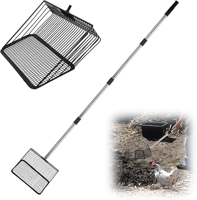 Chicken Poop Scooper for Sand 10 Inch, Chicken Coop Scoop Large Metal with Adjustable Handle, Multifunctional Coop Scoop Rake Set Sifting Shovel, Heavy Duty Pooper Shovel Tool Accessories-Mewly Pet