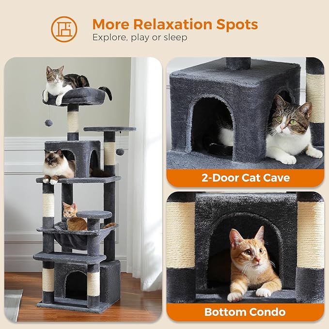 PAWZ Road Cat Tree, 53.5 Inches Tall Cat Tower with Spacious Hammocks, Condos and Scratching Posts, Cat House with Dual Padded Perches for Indoor Large Cats-Dark Gray-Mewly Pet