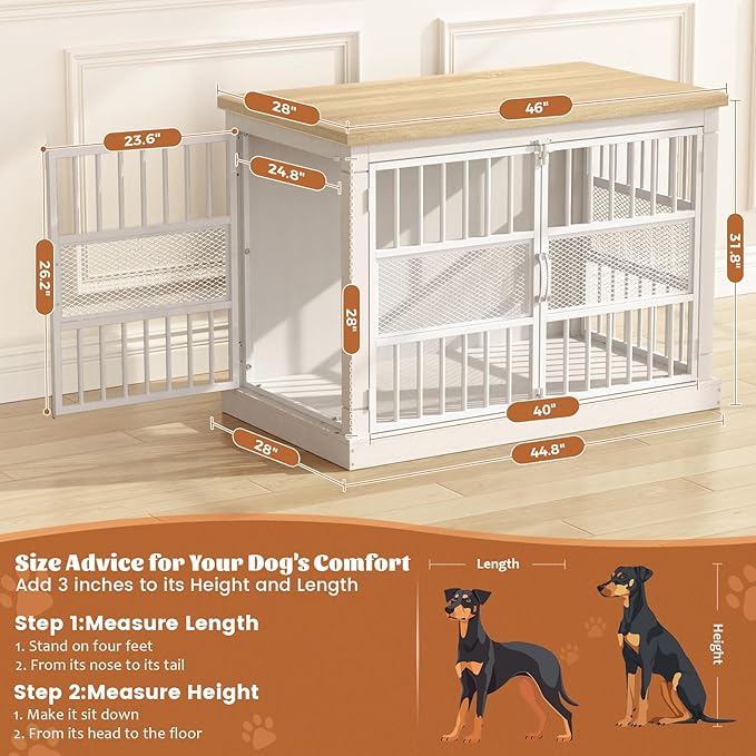 VOPEAK 46" Dog Crate Furniture, Chew Resistant Large Dog Crate for Medium Large Dogs, Heavy Duty XL Dog Crates Dog Kennel Cage Indoor with Double Doors, End Table for Bedroom Living Room, White-Mewly Pet