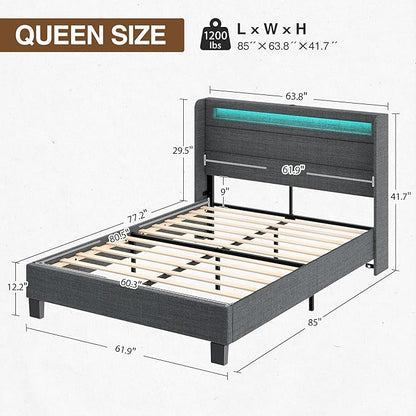 Rolanstar Bed Frame Queen Size with LED Lights and Charging Station, Upholstered Bed with Motion Activated Night Light and Wood Slats, Dark Grey