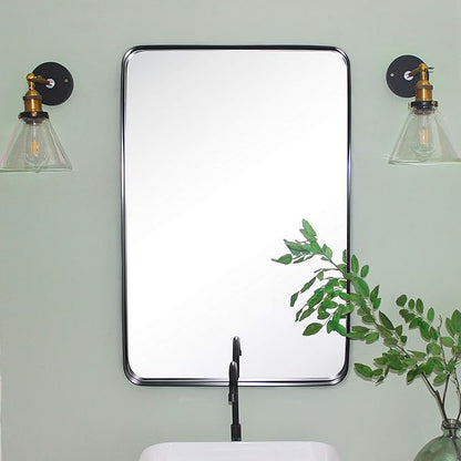 TEHOME 24x36 Matt Black Metal Framed Bathroom Mirror for Wall in Stainless Steel Matte Black Rounded Rectangular Bathroom Vanity Mirrors Wall Mounted