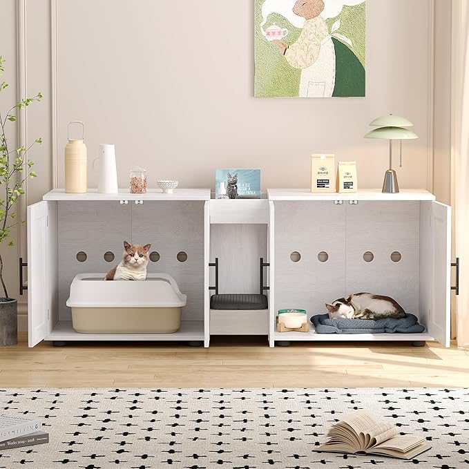 Gaomon Litter Box Enclosure with Double Cage, Cat House,Hidden Litter Box Enclosure Furniture for 2 Cats, Wooden Enclosed Cat Litter Box Furniture,55”L x 17.7”W x 22.5”H,White-Mewly Pet