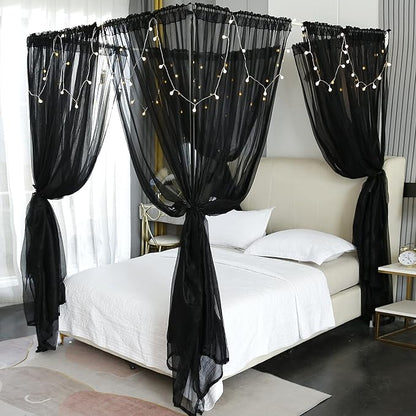 Akiky Canopy for Girls Room Black Bed Curtains Elegant Sheer Curtain for Twin Full Queen King Size Bed Drapes,8 Panels Canopies with Light,Room Décor(King,Black)