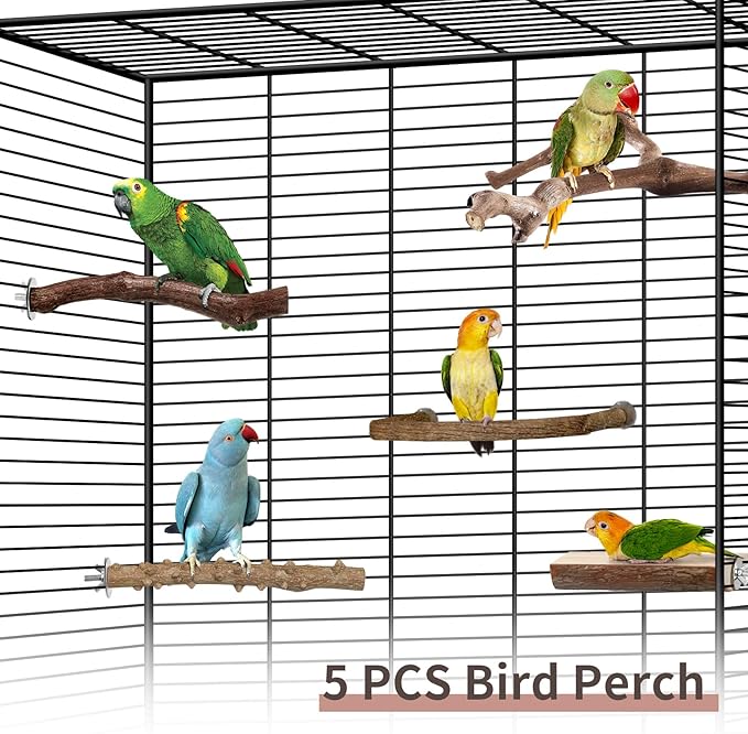 Bird Perches, 5pcs Natural Wood Birds Stand Branch, Bird Perch Chewing Stick Cage Accessories Parrot Climbing Standing Branches Paw Grinding Fork Sets for Cockatiels Ringneck Parrots-Mewly Pet