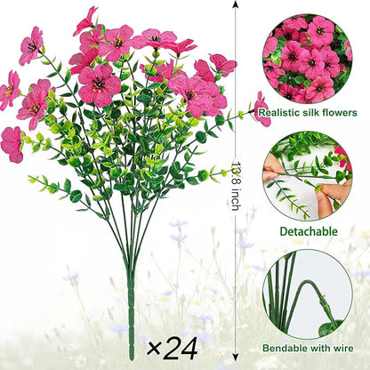 Ouddy Decor 24 Bundles Artificial Flowers for Outdoors Fake Silk Flowers UV Resistant Faux Plastic Plants for Spring Summer Garden Porch Window Box Table Vase Home Indoor Outdoor Decoration, Rose Red