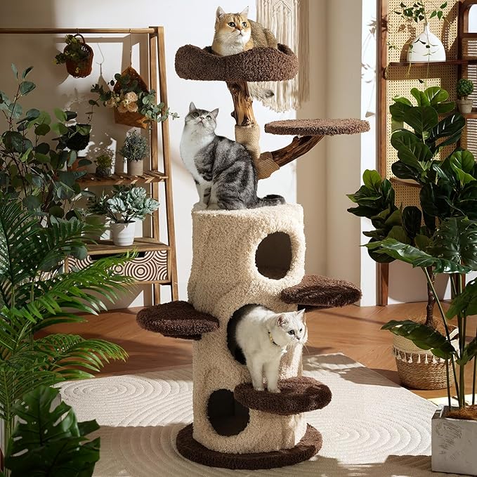 Luxury Treehouse Cat Tree for Indoor Large Cats,54.7'' Tall Modern Wood Cat Tower with 3 Level House,4*Cozy Perch,1*Soft Viewing Bed,Heavy Duty Wide Base,Sisal Scratching Post (54.7inch)-Mewly Pet