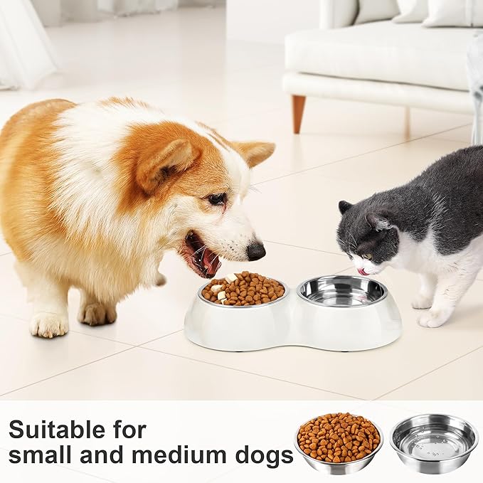 Stainless Steel Dog Bowls Set – Dual Non-Slip Pet Dishes with 2 Small (4oz*2) Bowls & Durable Resin Stand,Food & Water Feeder for Puppies, Kittens, and Small Breed Dogs– White-Mewly Pet