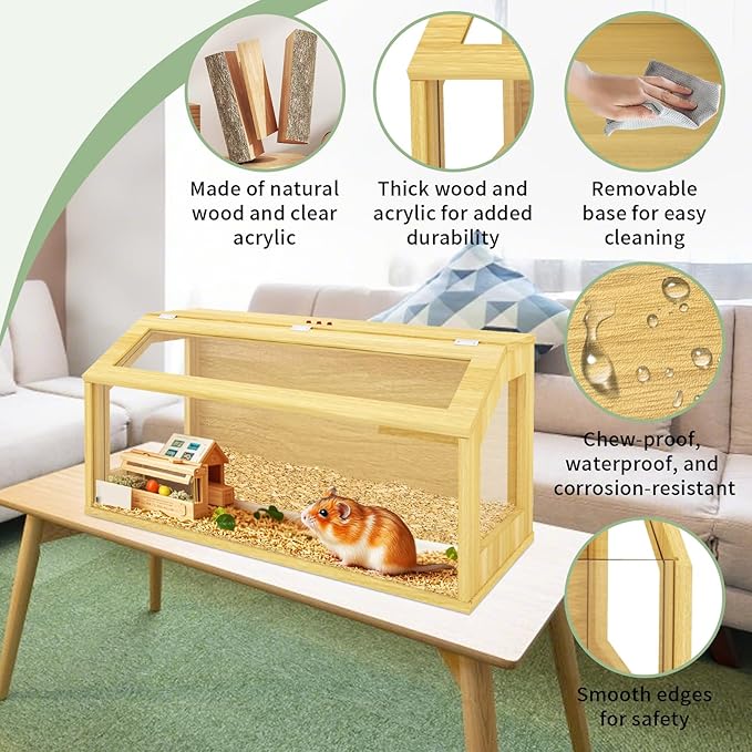40" Large Hamster Cage, Chewproof Gerbil Cages and Habitats, Openable Top Roof Window with Silencing Pad, Wooden Guinea Pig Cage for Small Animals, Dwarf and Syrian Hamster, 40 x 20 x 20 Inches-Mewly Pet