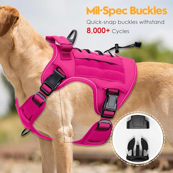 Heavy-Duty Tactical Dog Harness for Large Dogs, No Pull Adjustable Reflective Pet Vest with Molle System, K9 Military-Grade Control for Service Training, Outdoor & 10+ Breeds, Hot Pink, XX-Large-Mewly Pet