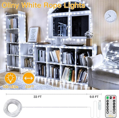 Ollny 100 LED Remote Control Rope Lights, 33FT USB Power Cool White String Lights, 8 Modes IP68 Waterproof Timer Fairy Lights for Bedroom Indoor Party Wedding Decor