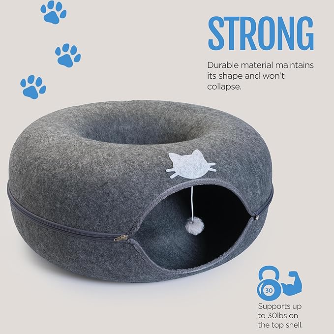 Meow Mansion Large Cat Cave Donut - Cat Tunnel; up to 30lbs - 3 Toy Balls & Hanging Ball Included - Scratch Resistant, Detachable and Cleanable Cat Donut Bed-Mewly Pet