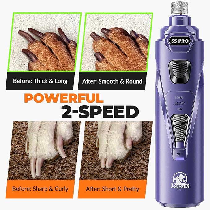 Dog Nail Grinder with 2 LED Lights Powerful 2 Speeds Super Quiet Dog Nail Trimmers with 3 Grinding Wheels Rechargeable Pet Dog Nail Clippers for Large Medium Puppy Dogs Dog Nail File Cat Nail Clipper-Mewly Pet