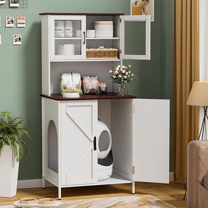 PAKASEPT Cat Litter Box Enclosure Furniture for Self-Cleaning Cat Litter Box with Shelves and Doors-Mewly Pet