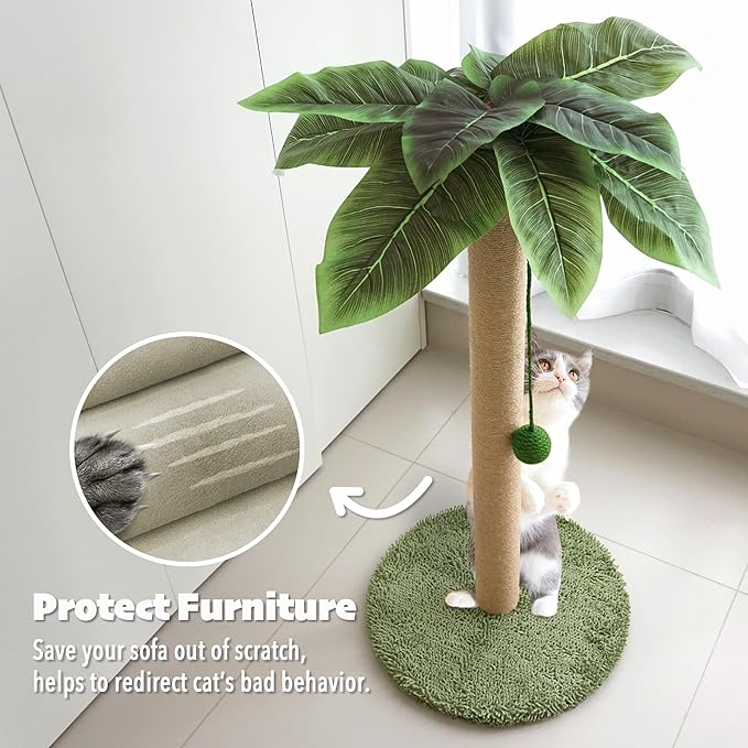 PETKARAY Cat Scratching Post with Cat Beach Chair, 36" Tall Palm Tree Cat Scratching Post, Large Sisal Cat Scratcher for Indoor Kittens-Mewly Pet