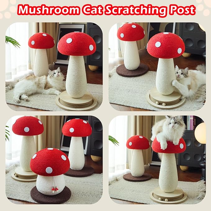 Cat Scratching Post Mushroom Cat Tree with Natural Sisal, Weighted Base & Interactive Ball - for Kittens to Adult Cats - Perfect for Indoor Cats (Red, Large 21 in, 7)-Mewly Pet
