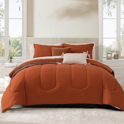 Monbix Full Comforter Set - 7 Pieces Burnt Orange Bed in a Bag Full Size Track Stitching Bedding Sets, All Seasons Down Alternative Comforter with Sheets,Pillowcases & Shams