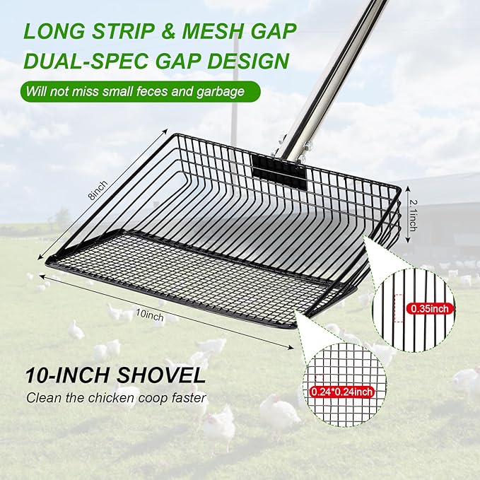 10inch Large Metal Chicken Poop Scooper, 36" to 75" Long Chicken Coop Litter Scoop with Stainless Steel Adjustable Handle, 4 in 1 Detachable Litter Sifting Shovel Scoop for Chicken Coop Accessories-Mewly Pet