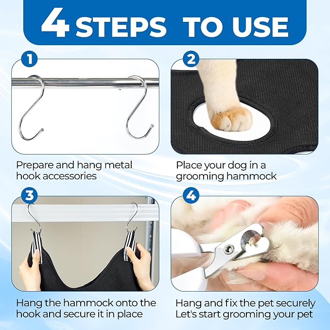 Pet Grooming Hammock for Cats & Dogs, Breathable Mesh Dog Hanging Harness for Nail Trimming, Grooming, Bathing Includes S Hooks, Comfortable Dog Grooming Harness (Black)-Mewly Pet