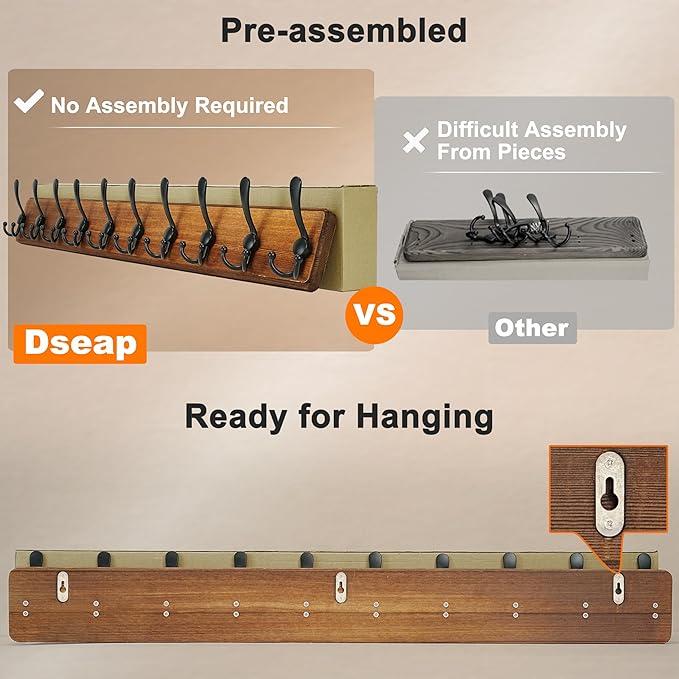 Dseap Coat Rack Wall - Heavy-Duty 38-1/4" Long, with Reinforced 10 Custom Tri-Hooks, Solid Wood Wall Hanger for Coats Hat Jackets - Rustic Farmhouse Entryway Hallway Storage, Weathered Blue & Black