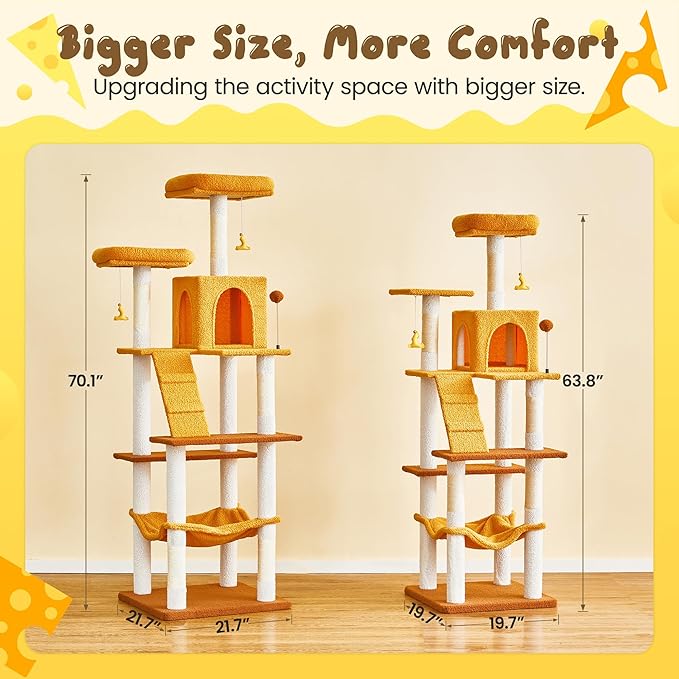MWPO Cat Tree, 70.1-Inch Tall Cat Tower for Indoor Cats Large Adult, Multi-Level Cat Condo with 5 Scratching Posts, 2 Padded Perches, Hammock, Dangling Toys, Yellow-Mewly Pet