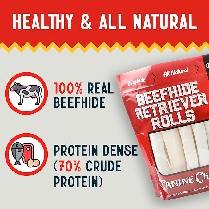 Canine Chews 8-9" Retriever Rolls for Large Dogs - Pack of 15 All-Natural Beef Hide Dog Chews for Aggressive Chewers - 3.7 lb.-Mewly Pet
