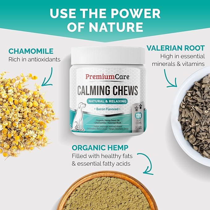 PREMIUM CARE Hemp Calming Chews for Dogs, Made in USA - Helps with Dog Anxiety, Separation, Barking, Stress Relief, Thunderstorms and More, 9.3 oz (264g), 120 Count-Mewly Pet