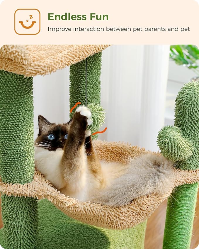 PEQULTI 4-in-1 Cactus Cat Tree, 33'' Cat Tower for Indoor Cats with Large Condo, Cat Scratching Post for Cats with Deep Hammock& Cozy Top Perch,Green-Mewly Pet