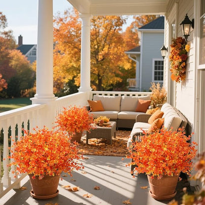 Ouddy Decor 24 Bundles Artificial Fall Flowers for Outdoor Decoration UV Resistant Fake Mums Fall Plastic Flowers Faux Plants for Autumn Indoor Outside Patio Planters Window Home Decor, Orange Yellow