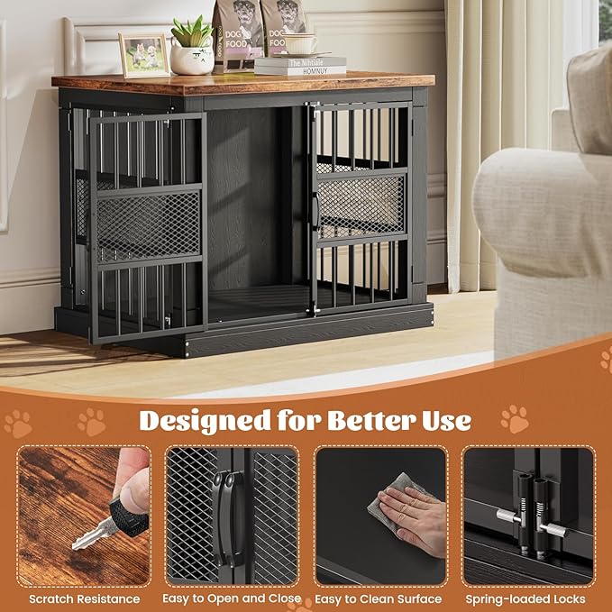 VOPEAK 27.5" Dog Crate Furniture, Chew Resistant Dog Crate for Small Dogs Puppy, Heavy Duty Dog Crates Dog Kennel Cage Indoor with Double Doors, Wooden End Table for Bedroom Living Room, Black-Mewly Pet