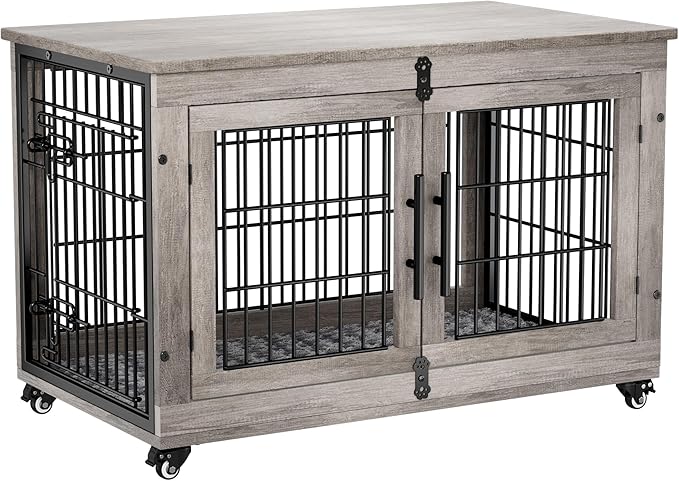 Lulive Large Dog Crate Furniture, 38'' Wooden Dog Crate End Table, Double Door Dog Kennel Indoor with Cushion & Wheels, Decorative Dog Cage House Chew-Resistant for Large/Medium, Grey-Mewly Pet