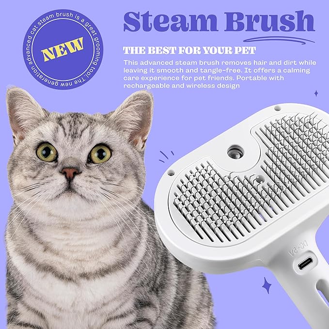 Rechargeable Silicone 3 in 1 Pet Hair Removal Tool - Self Cleaning Steamy Brush for Massage, Shedding & Grooming - Cat & Dog Hair Remover-Mewly Pet