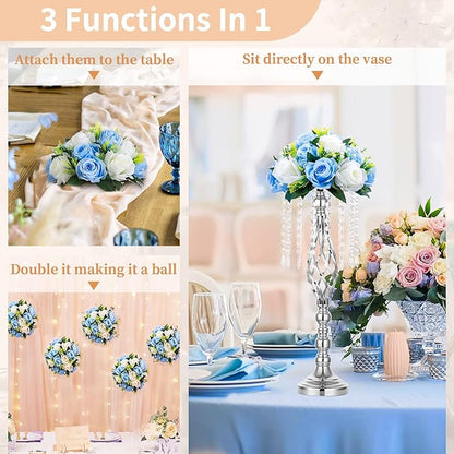 NUPTIO Pcs of 6 Fake Flower Ball Arrangement Bouquet,15 Heads Plastic Roses with Base, Suitable for Our Store's Wedding Centerpiece Flower Rack for Parties Valentine's Day Home Décor (Blue & White)