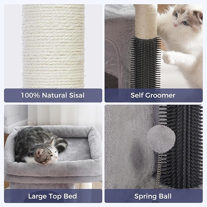 Cat Tree with Large Top Bed 17.7x15.7” Small Cat Tower with Dual Condos,28” Fully Scratching Post and Self Groomer for Indoor Cats-Grey-Mewly Pet