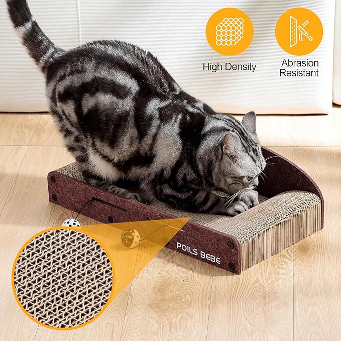 Poils Bebe 21 Inch Sofa Cat Scratcher, Small Cat Scratcher Cardboard with Bell Balls, Durable Couch Lounger for Indoor Cats, Cat Scratch Furniture Protector with Catnip, Cat Toys-Mewly Pet